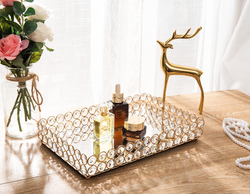 Feyarl Mirrored Crystal Vanity Makeup Tray Ornate Jewelry Trinket Organizer Cosmetic Perfume Bottle Decorative Tray Home Deco Dresser Skin Care Storage (Rectangle 12" x 8") - Image 2